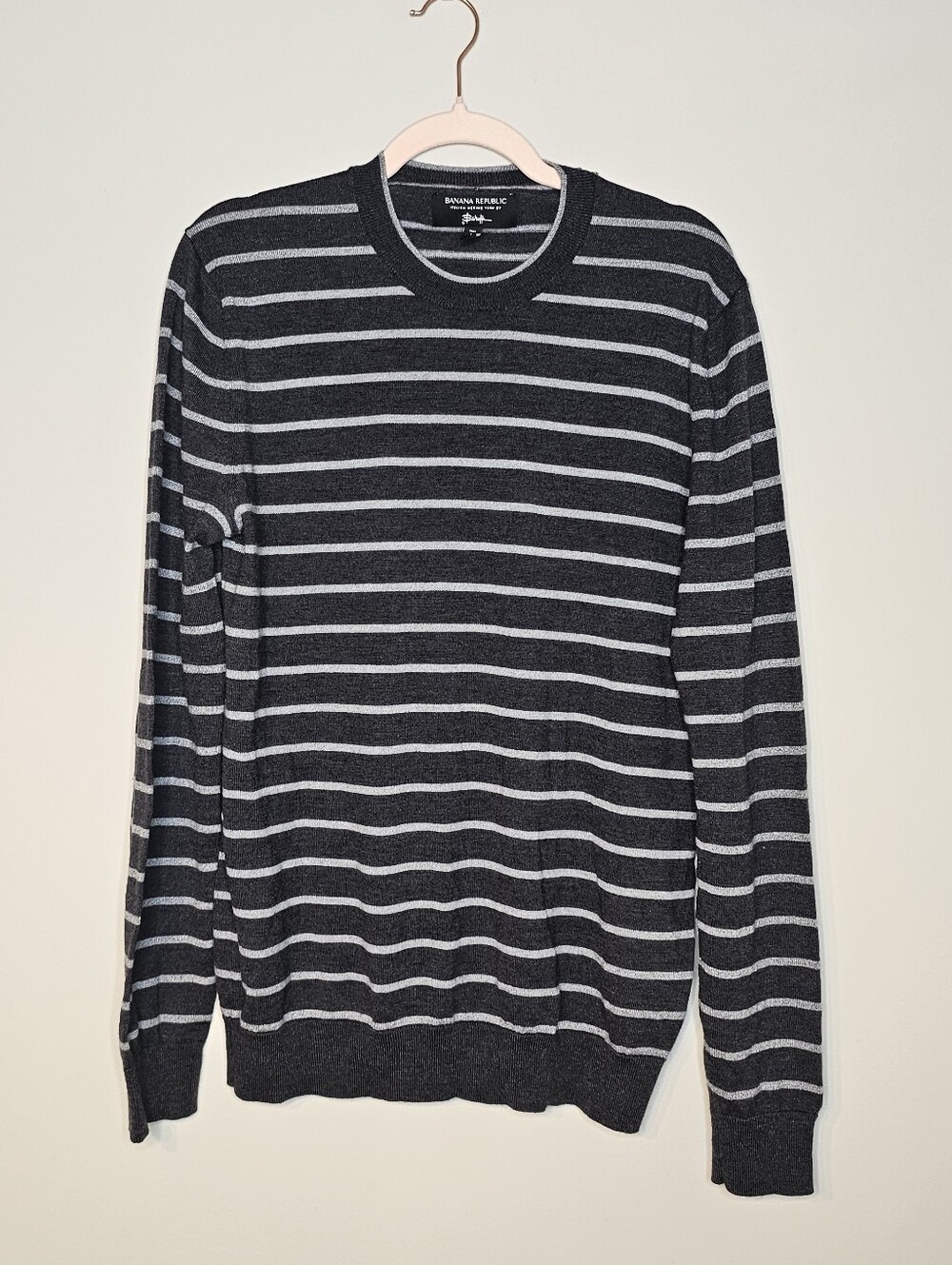 Banana Republic Baruffa Merino Wool Crewneck Sweater Large Tall Striped Gray